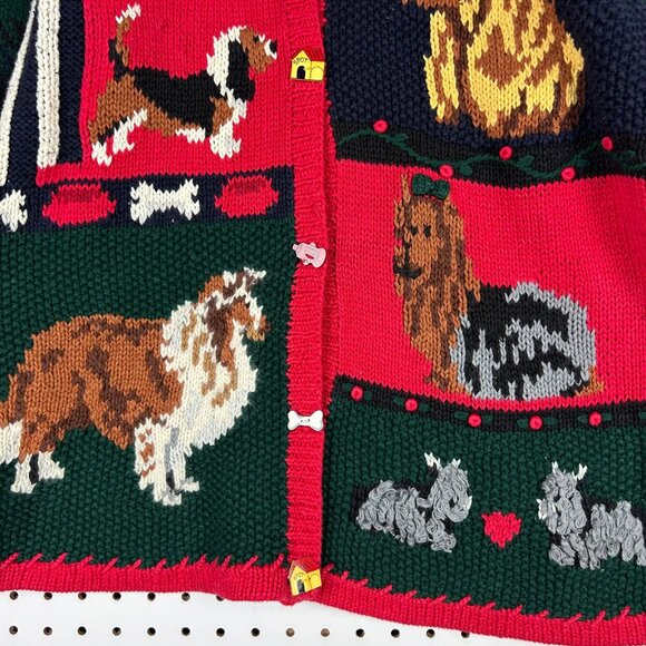Eagle's Eye Knit Dog Cardigan Sweater Medium Vintage 90s Red Grandma Puppy Ramie - Picture 3 of 6